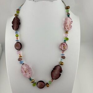 Blown Glass Multicolor Beaded Necklace w/Matching Bracelet And Rose Accents